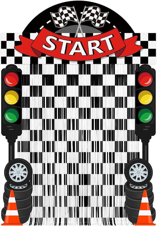 Peryiter 5 Pcs Race Car Birthday Party Decorations, Race Car Party Decorations Include Checkered Flag Arch Traffic Light Cutouts Tinsel Curtains Double-sided Tape for Racing Photo Booth Event Backdrop