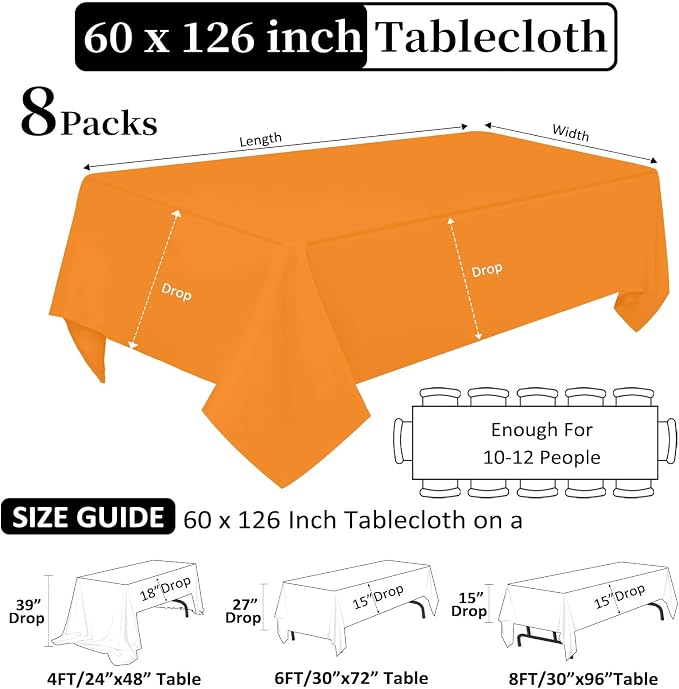8 Pack Orange Tablecloth 60 x 126 Inch Rectangular for 8 Foot Rectangle Tables, Wrinkle Resistant Orange Table Cloth Washable Polyester Fabric for Buffet Wedding Party Banquet