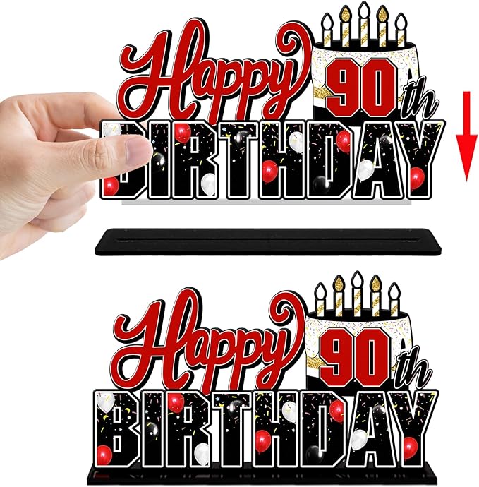 LINGTEER Happy 90th Birthday Red Acrylic Table Topper Centerpieces Set - Cheers to Ninety Years Old Birthday 90th Bday Party Gift Decorations.