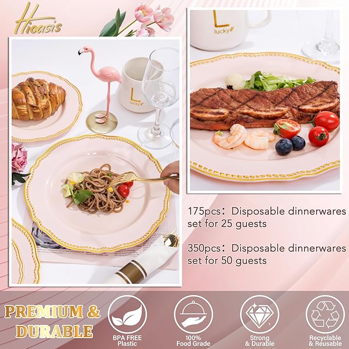 Hioasis 350pcs Pink and gold Plastic Plates - Pink Plastic Dinnerware Set Includes 50 Dinner Plates, 50 Dessert Dinnerware, 50 Cups, 50 Rolled Napkin Cutlery Perfect for Wedding & Mother’s Day