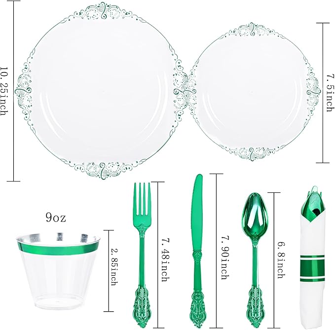 Hioasis 175pcs Clear and Green Plates - Green Party Plates for 25 Guest, Include 50 Heavy-duty Plates(20% Thicker Than Standard), 25 Pre Rolled Gold Plastic Silverware Set, 25 Cups