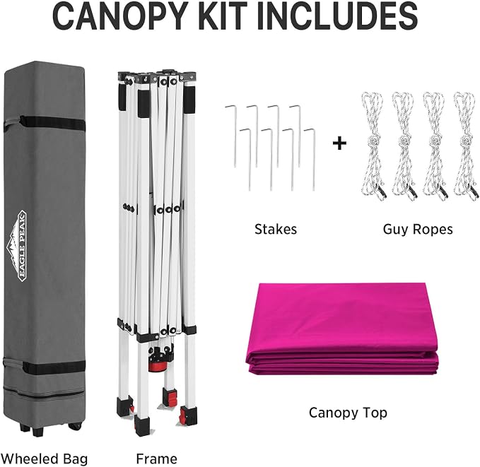 EAGLE PEAK Pop Up Canopy Tent with Wheeled Carry Bag, 8 Stakes, 4 Ropes, Easy Set Up Tent Canopy, 8x8 ft, Pink