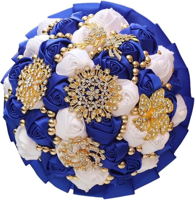 Royal Blue and White Bridal Wedding Bouquet with Gold Brooch Rhinestone Pearl Satin Rose Flower Bouquet for Bride Bridesmaid Quinceanera Wedding Royal Blue and White 9.5in