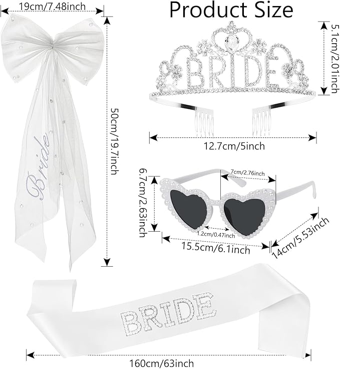 3 Pcs Bachelorette Party Decorations, BRIDE Crown ,Pearl Bride Sash,White Bride Embroidered Layer Veil for Women Bachelorette Party Gifts, Bridal Shower Supplies, Brides Accessories ,Gifts, Favors