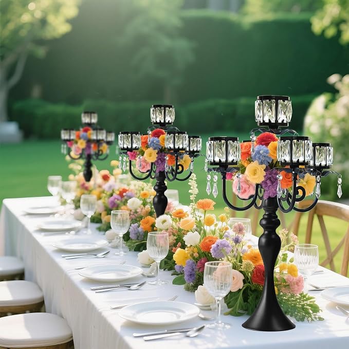 2Pcs Black 5-Arm Crystal Pendant Metal Candle Holder with Square Crystal Bowl, 22-Inch Tall Wedding Table Centerpiece for Holiday Party Events, Christmas, Birthday Decorations