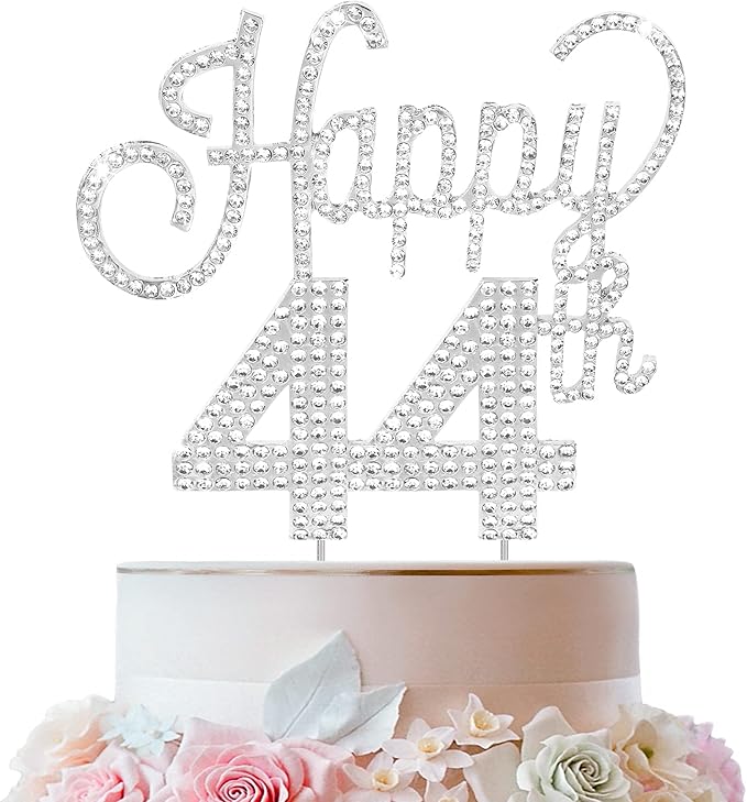 LINGTEER Happy 44th Birthday Silver Rhinestone Cake Topper - Cheers to 44th Birthday 44 Years Old Anniversary Party Cake Centerpieces Topper Decorations Gift Sign.
