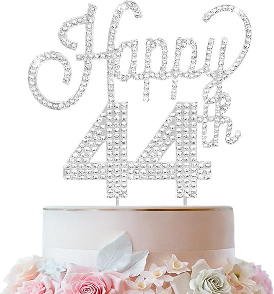 LINGTEER Happy 44th Birthday Silver Rhinestone Cake Topper - Cheers to 44th Birthday 44 Years Old Anniversary Party Cake Centerpieces Topper Decorations Gift Sign.