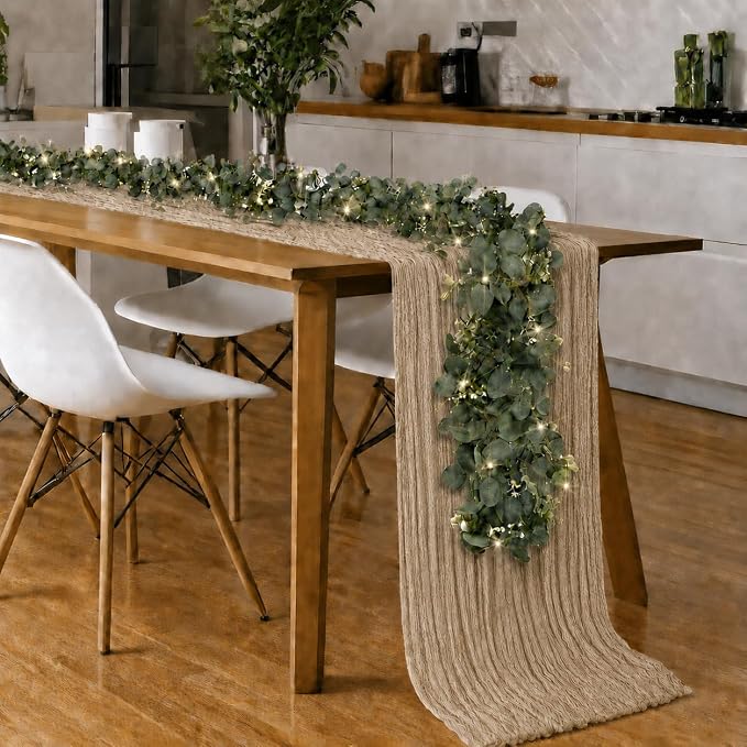 Cinrobiye 11pcs Cheesecloth Table Runner Set 120 Inch – Gauze Table Runner with Napkins, Eucalyptus Garland & String Lights for Wedding Baby Shower Table Decor, Rustic Boho