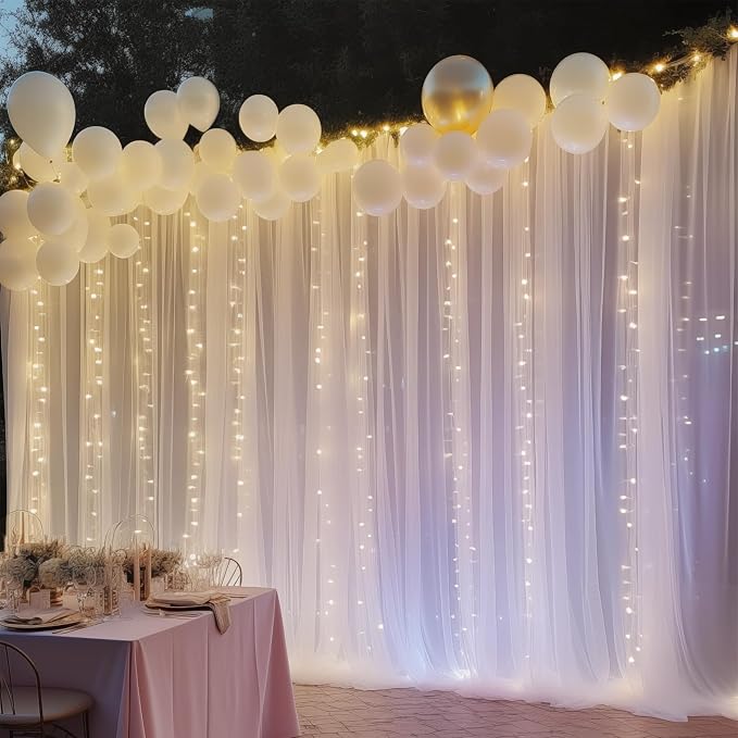 30ft x 10ft White Backdrop Curtain with Lights for Parties, Sheer Wedding Photo Backgrounds Tulle Drapes for Baby Shower Birthday Party Decorations Backdrop for Photography