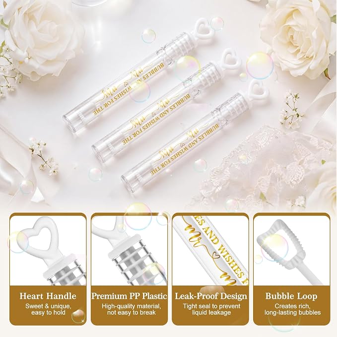 Hollowfly Wedding Mini Bubble Wands for a Wedding Bulk Heart Bubble for Guests Send Off Wand Adults Bridal Shower Party Supplies Valentine Anniversaries Celebration(60 Count,White Gold,Love)