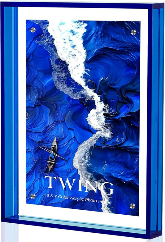 TWING 5x7 Picture Frame, Acrylic Photo Frame Self Standing Magnetic Color Floating Picture Frame Use as 5x7, 5x5, 4x6 - Horizontal and Vertical Formats for Wall and Tabletop Display, Blue, 1 Pack