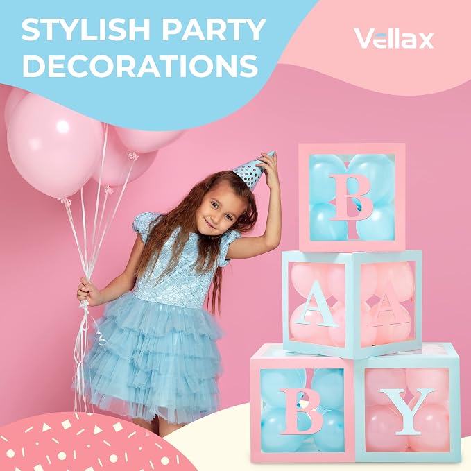 44-Piece Baby Shower Decorations for Boy or Girl - 4 Boxes with Letters and 32 Balloons - Macaron Blue and Pink - Gender Reveal Party Supplies - Complete Decoration Kit