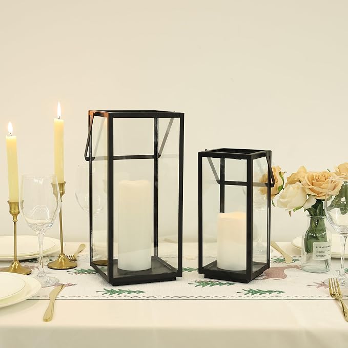 Lantern Decorative Outdoor & Indoor, 14.3'' & 11''H Metal Candle Lanterns Decor, Vintage Hanging Candle Holder for Front Porch Patio Wedding Farmhouse Home, Spring Decoration