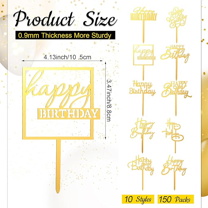 150 Pcs Happy Birthday Cake Toppers Acrylic Cake Topper Glitter Birthday Cake Decorations Double Sided for Adults Various Cake Decoration Party Supplies(Gold,Brief)