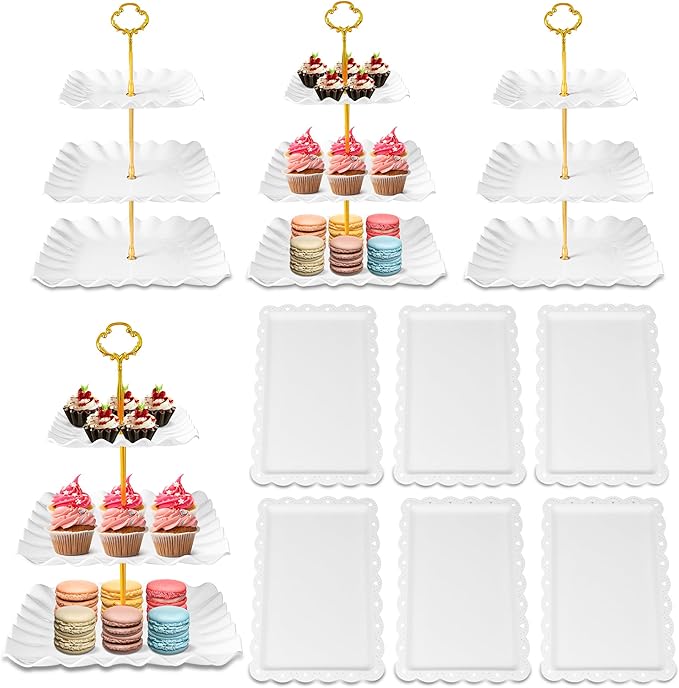 10 Pack Dessert Table Display Set, 4 Three-Tier Square Cupcake Stands and 6 Serving Trays for Cakes, Cupcakes, Pastries and Snacks, Baby Shower Decorations, Bridal Shower, Birthday, Wedding Party