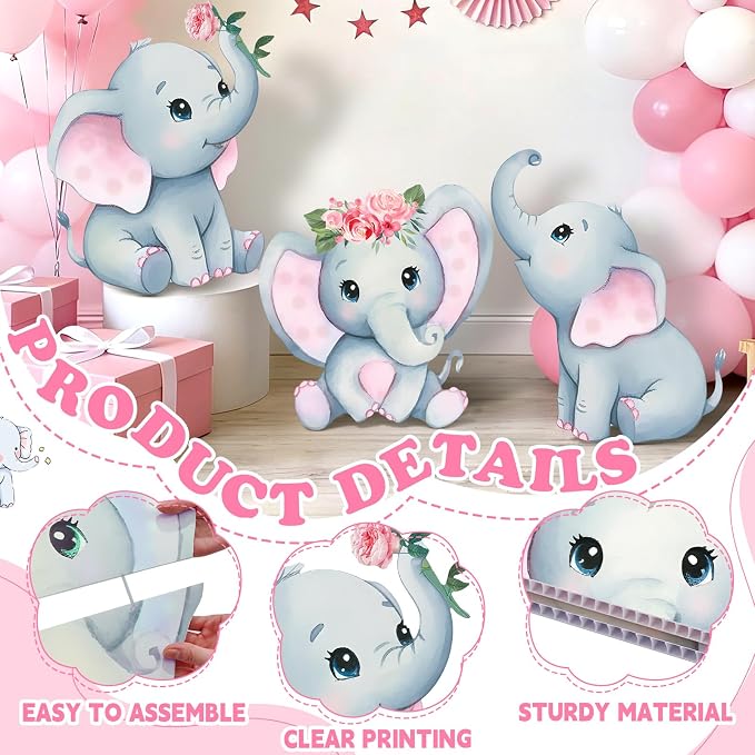 3Pcs Pink Elephant Baby Shower Decorations with Stakes & Stands, Waterproof Large Baby Elephant Cardboard Cutouts Standup Cartoon Birthday Party Indoor Outdoor Decor for Photo Booth Props