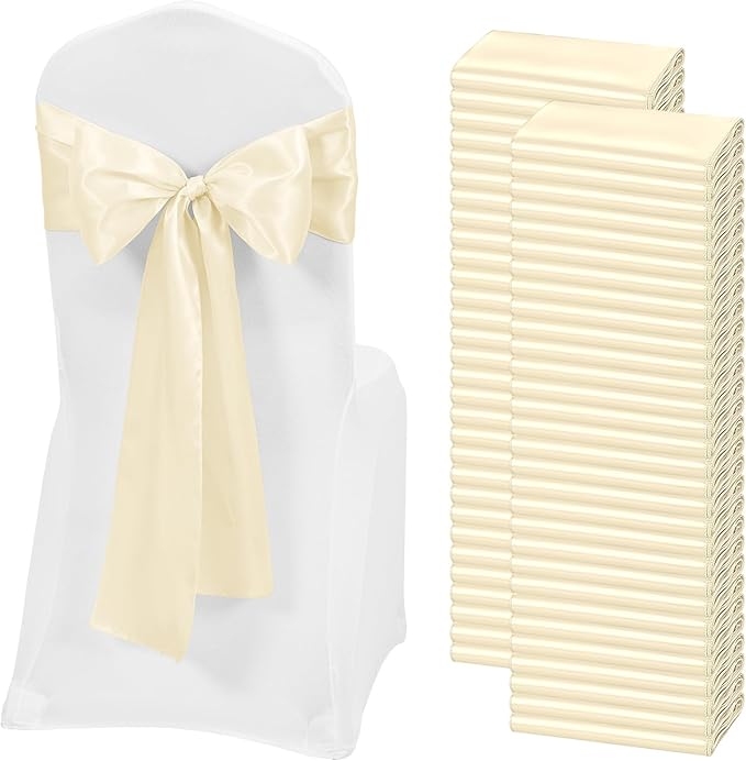 60 PCS Ivory Satin Chair Sashes, Ties Bows Designed Chairs Decorative, Chair Cover Sashes for Thanksgiving Wedding Christmas Banquet Party Home Kitchen Decoration (7 x 108 inch)