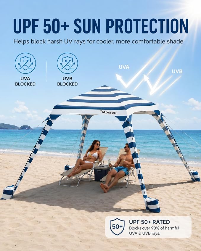 Slsy Beach Tent 10 x 10 FT, Beach Shelter with Removable Side Wall, UPF 50+ Sun Protection Canopy Cabana, Easy Setup Shade with Sandbags, Stakes & Guy Lines, Wind Resistant, Fits 6 People
