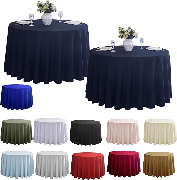 2-Pack Round 120-inch Navy Blue Table Cloths, Solid Stain and Wrinkle Resistant Circular Tablecloth, Premium Plain Weave Polyester Fabric Table Linen Covers for Hotel, Banquet