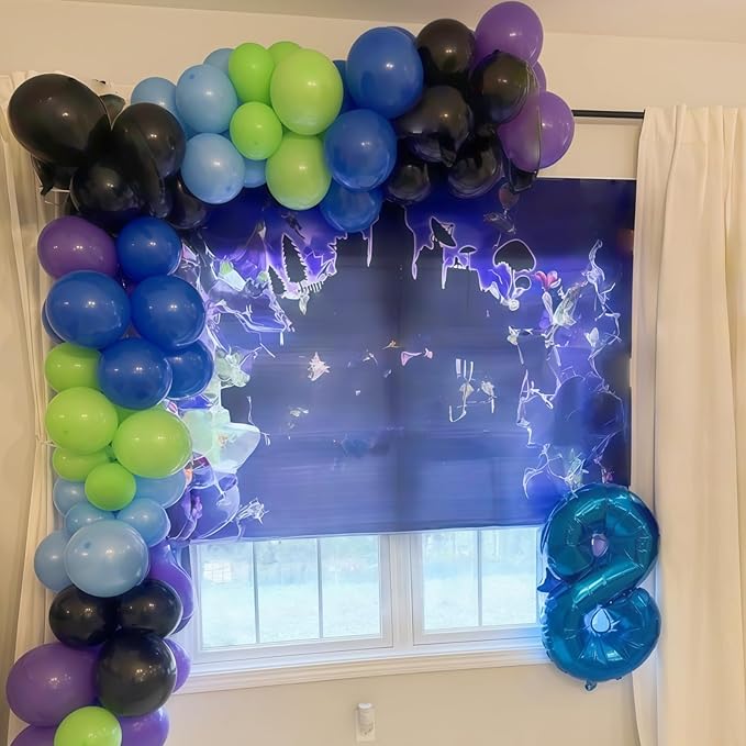Video Game Balloon Arch Garland Kit, 125pcs Dark Blue and Green Black Silver Balloon with Royal Blue Silver Explosion Star Foil Balloons for Boys Gaming Night Birthday Baby Shower Party Decorations