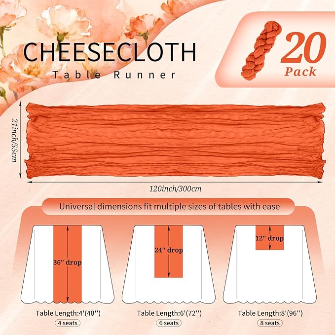 20 Pack Orange Cheesecloth Table Runner 10FT Boho Gauze Cheese Cloth Table Runners Romantic Rustic Sheer Table Decorations for Wedding Party Baby Shower Birthday Holiday Home