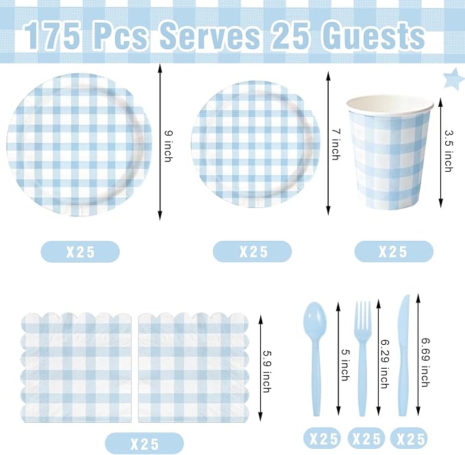 LINHAXM 175 PCS Blue Gingham Party Supplies for 25 Guests Includes Light Blue Gingham Paper Plates, Cups, Napkins, Cutlery for Dinner Wedding Bridal Shower Birthday Baby Shower Party Decorations