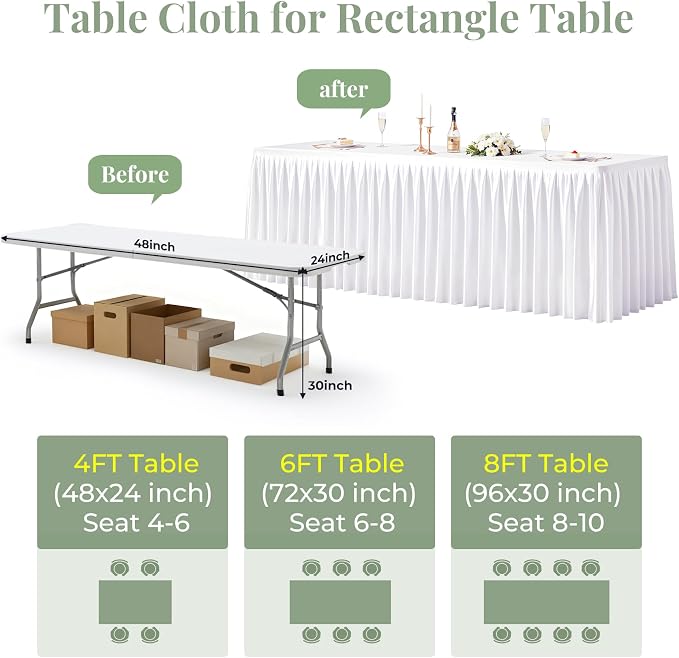White Satin Tablecloths Rectangle 4FT, Glitter Spandex Fitted Stretch Table Covers Wrinkle-Resistant Floor Length Shimmer Pleated Table Skirt for Weddings Parties Baby Shower Banquets Vendor Events