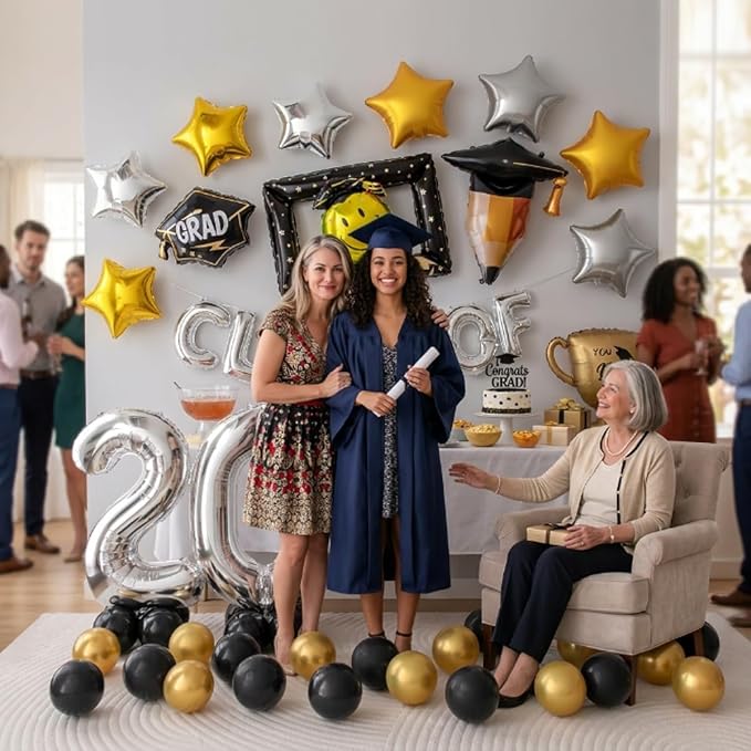 65 PCS Congrats Grad Balloons Kit, Class of 2026 Graduation Party Decorations Black Gold Silver Foil Balloons with Congrats Mylar Balloons Celebration Supplies for High School College Graduation