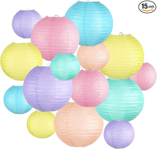 Pastel Paper Lanterns Decorative, Classroom Decor Macaron-Color Neon Hanging Paper Lantern Decorations for Easter Party Decorations, Baby Shower Wedding Birthday Mother's Day, 15Pcs
