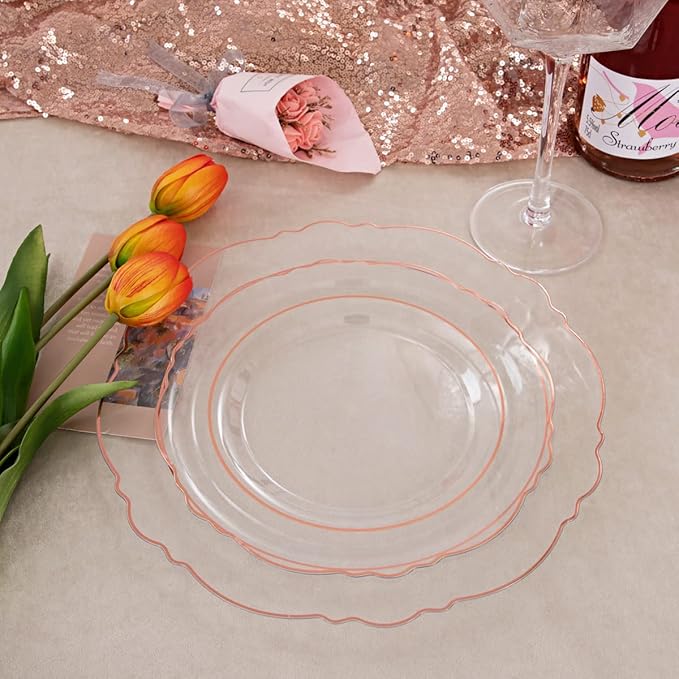 Liacere 150PCS Rose Gold Plastic Plates - Clear Rose Gold Disposable Plates with Glitter Bamboo Handle Cutlery - 60 Baroque Elegant Plates, 30 Forks, 30 Spoons, 30 Knives for Wedding ＆ Mothers Day