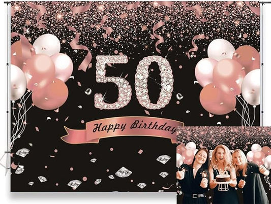 50th Birthday Backdrop for Women 10x8ft Rose Gold Happy 50th Birthday Party Background Fifty Years Old Age Women Birthday Party Photography Backdrop Happy 50th Birthday Banner