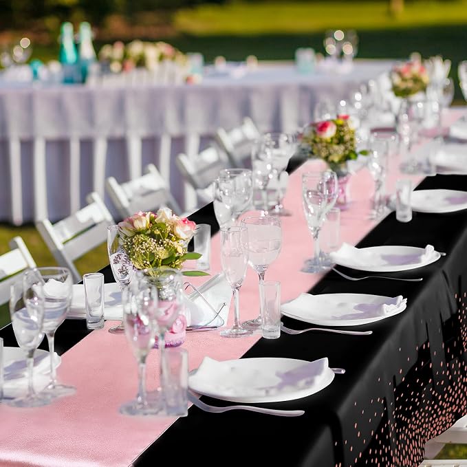 Tudomro 16 Pcs Black and Rose Gold Disposable Plastic Tablecloths and Satin Table Runner Set 54x108 Inch Tablecloth 12x108 Inch Table Runners for New Year Wedding Birthday Baby Shower Graduation