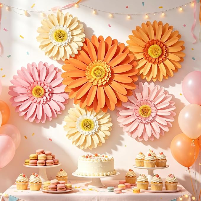 Daisy Paper Flowers Wall Decor 3D Orange Pink Large Flowers Bulletin Board Decoration Spring Garden Groovy Birthday Decorations for Women Girls Baby Shower Classroom Office Boho Nursery Wall Decor