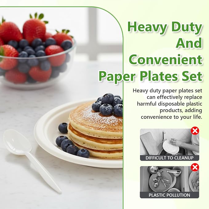500Pcs Compostable Paper Plates Set Party Supplies Severs 100 Guests Disposable Party Plates Heavy-duty Utensil Disposable Party Plate Fork Knives Spoon Napkin Dinnerware for Birthday Wedding Camping