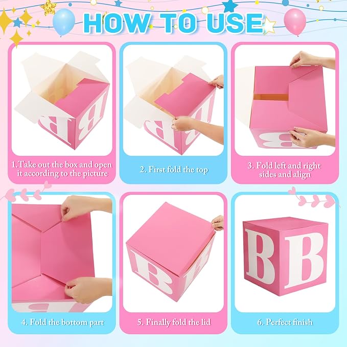AmazingSpark 4 Pcs Gender Reveal Decorations Baby Boxes with Letters Baby Gender Reveal Pink and Blue Box Decor with Letters B A B Y Blocks Design for Party Backdrop