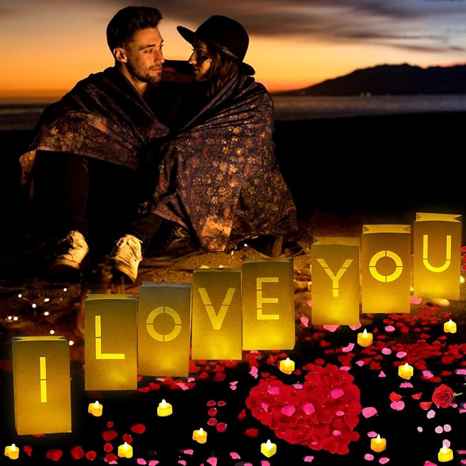 Valentines Day Decorations, Special Night Romantic Decorations - I Love You Light Up Letters Luminary Bags with Bright Flameless Tea Candles and Fake Rose Petals, Happy Anniversary