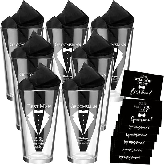 Nuanchu Set of 7 Groomsman Proposal Gifts Best Man Gift Beer Glass Set with Tuxedo Glasses Will You Be My Groomsman Cards Tissue Paper for Bachelor Party(16 oz,Pin Glasses)