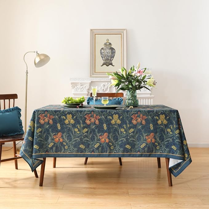 patdrea Vintage French Linen Tablecloth,Rectangular,87"x55"-Herbert C | Elegant Table Cloth for Rectangle Table,Navy Blue Floral Patterned,Dining Room Tea Party Thanksgiving Coffe Table
