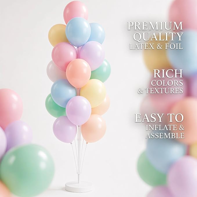 Pastel Balloon Column Kit Set of 2 With Macaron Latex Balloons Stand Included - Base,Pole,Balloon Tower Backdrop Decoration for Wedding,Baby Shower,Bridal,Graduation,Birthday,Easter Party,Bachelorette