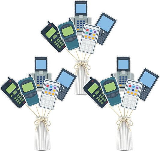 Retro Mobile Phone Centerpiece Sticks, 1990s Centerpiece Sticks, Retro Phone Wired Telephone, Birthday Engagement Baby Show Retirement Party Supplies. Set of 16.