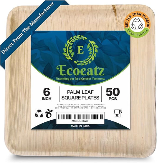 Small 6" Palm Leaf Plates – 50 Pc Square Disposable Bamboo Plates, Heavy-Duty, Compostable & Biodegradable Eco-Friendly Plates for Appetizers, Desserts, BBQs, Outdoor Camping, Parties & Events