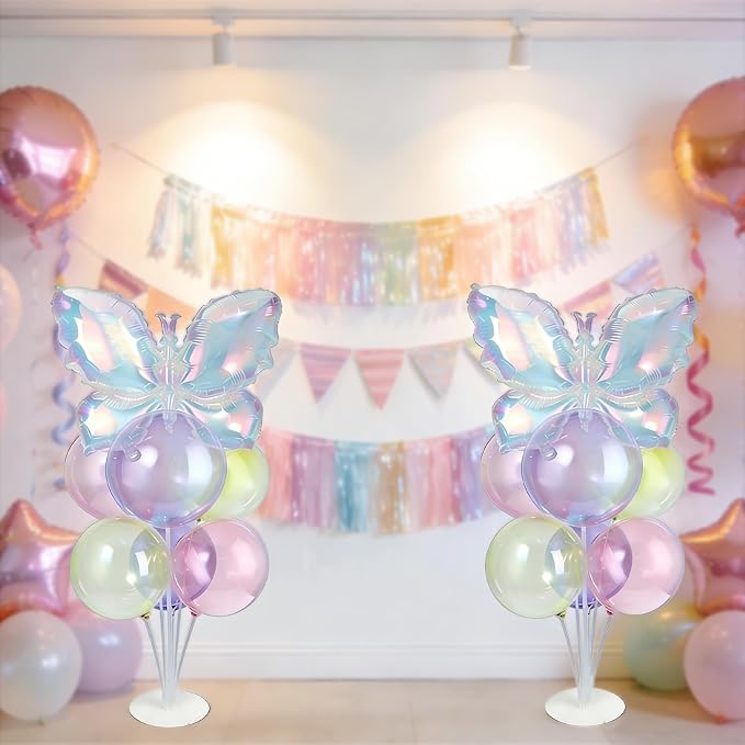 Iridescent Butterfly Party Balloons Stand Kit 2 Sets with Rainbow Holographic Clear Butterfly Foil Balloons Party Balloon Centerpiece for Table for Mermaid Rainbow Holiday Birthday Wedding Decorations