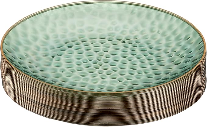 PLASTICPRO 30 Pack Hammered Plastic Plates Heavyweight Disposable Plastic Plates Elegant Clear Hammered Rim Platsic Party Dishes (Hamered Green With Gold Rim, 9'' INCH PLATES)