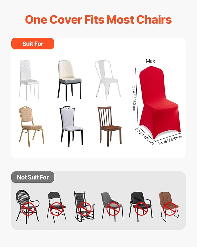 VEVOR Chair Covers, Polyester Spandex Chair Cover, Stretch Slipcovers for Wedding Party Dining Banquet Flat-Front Chair Covers (Red-a, 50PCS)