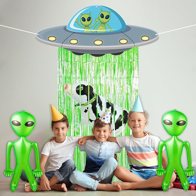 Alien Door Curtains with Tinsel Foil Fringe Curtain Alien Cow Balloon Party Decorations UFO Spacecraft Flying Saucer Spaceship Hanging Banner Backdrop for Birthday Baby Shower Wall Door Decor (Green)