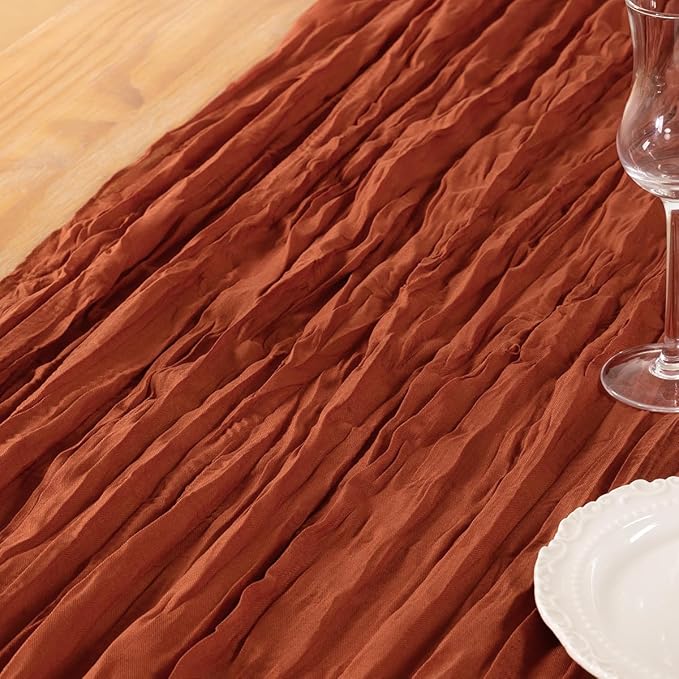 DeZerlor Terracotta Cheesecloth Table Runner Burnt Orange 12 Pack Spring Easter Table Runners 120 Inches Rust Cheese Cloth Table Decor for Wedding Bridal Baby Shower Parties