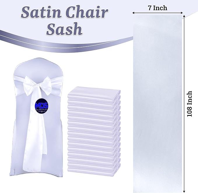 MDS Satin Chair Sashes, 200 Pack, 7”x108” Each, Decorative Chair Bows Ribbon Tie Backs for Wedding Party, Holiday Dinner, Birthday, Reception, Banquet, Hotel & Event Decoration - White