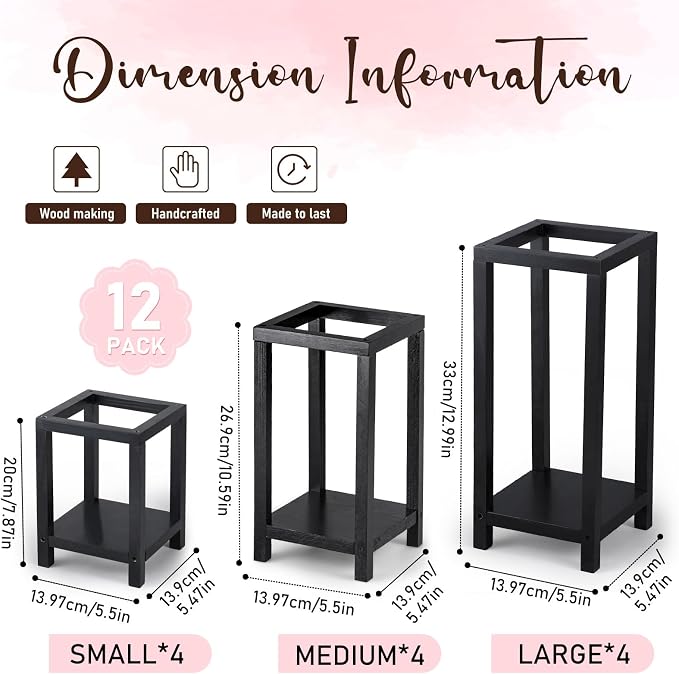 Geelin 12 Set Wooden Wedding Lantern Centerpiece Decor Baptism Lantern Candle Holder for Table Centerpiece Wedding Party Baby Shower Home Country Porch Patio Decor(7.87'', 10.59'', 12.99'',Black)