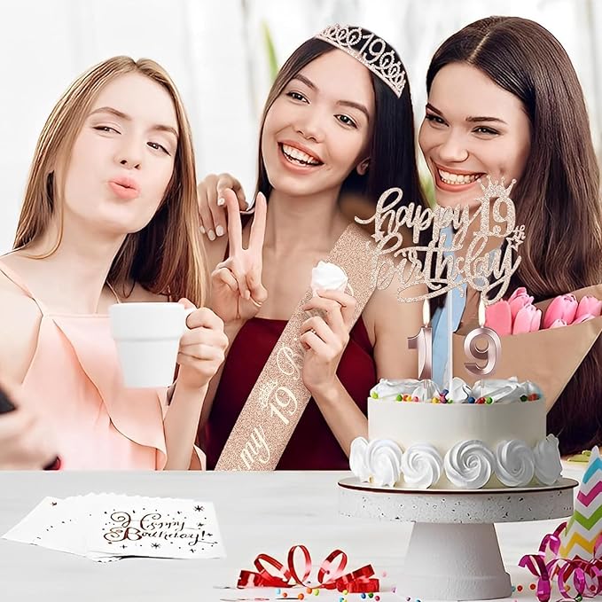 19th Birthday Decorations for Girl, Including 19th Birthday Tiara and Sash, Cake Topper and Candles, Number Balloons, Greeting Card, 19 Year Old Gifts for Girls