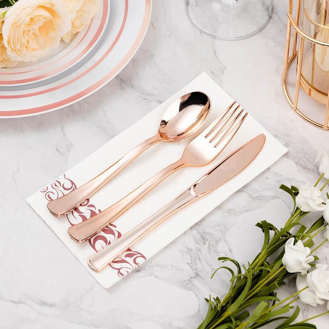 BESTVIP 200 Pack Disposable Paper Napkins,3-Ply Dinner Napkins with Rose Gold Trim for Guests, Bathroom Paper Hand Towels Soft and Absorbent, Perfect for Kitchen, Dinner, Party, Wedding or Event